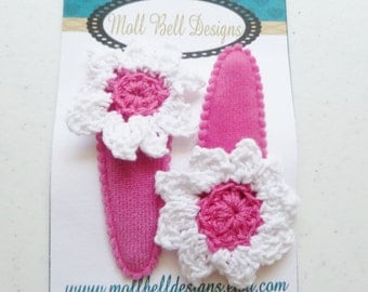 Crocheted Flower on Covered Metal Snap Clip...... Boutique Hairbow by Moll Bell Designs...Matching Pair