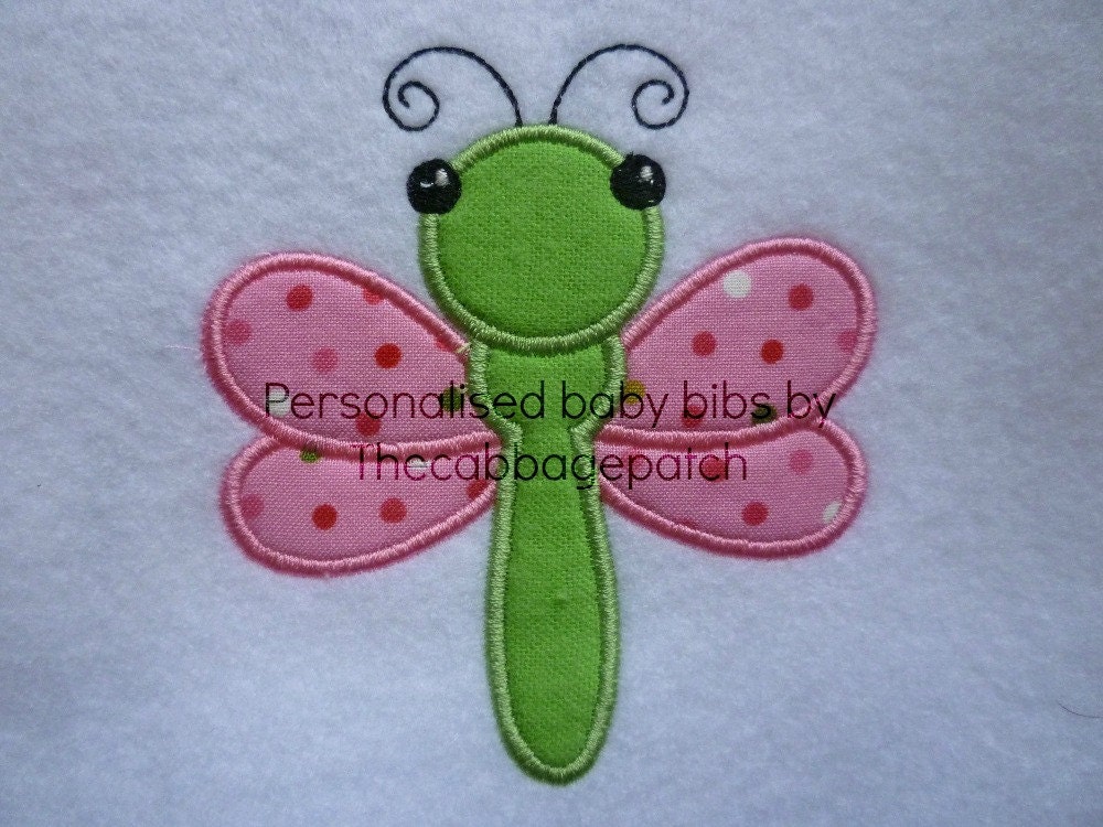 Handmade Personalised baby bib Dragonfly with your choice of first name