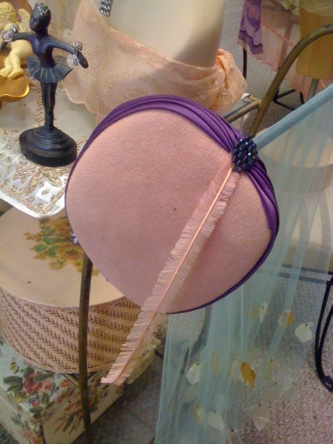 1940s purple and pink velvet hat with feathers and rhinestone
