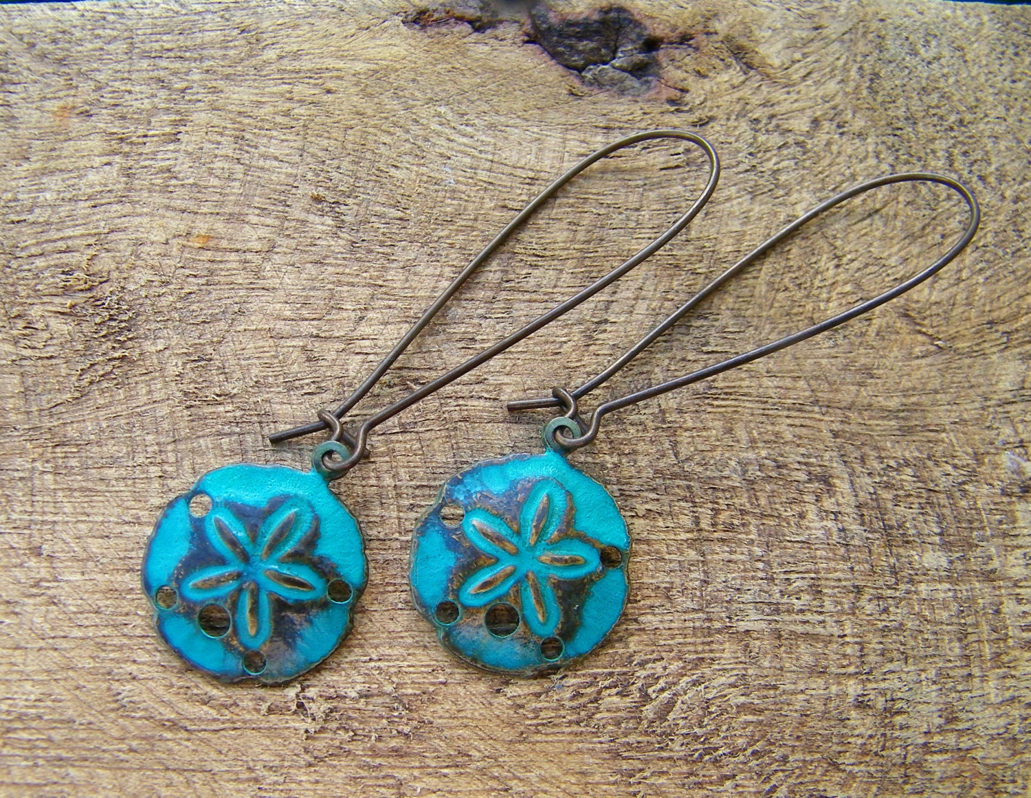 Hand Patinaed Teal Blue Sand Dollar Earrings. Verdigris. Antiqued Brass.