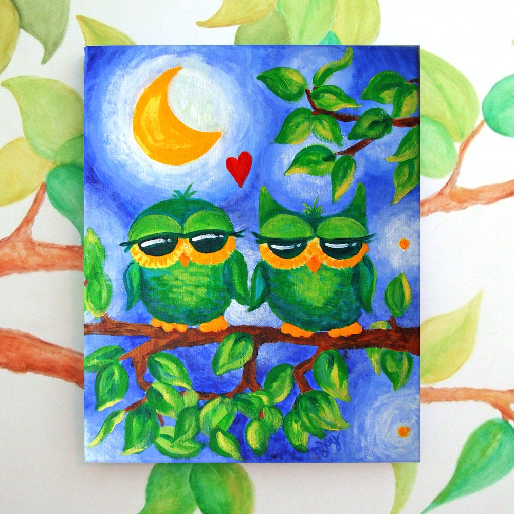 Whimsical Owl Painting, OWL ALWAYS love YOU, 11x14 acrylic, Romantic Art - nJoyArt
