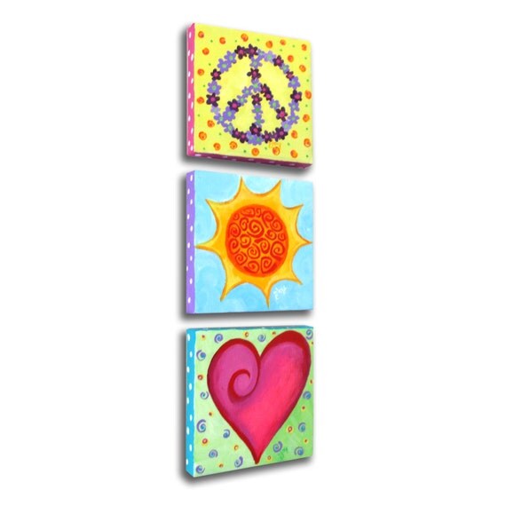 Girl's Room Decor PEACE LOVE & SUNSHINE, Three 5x5 acrylic canvas, Original Painting, Girls Room Wall Art, Nursery Decor, art for kids