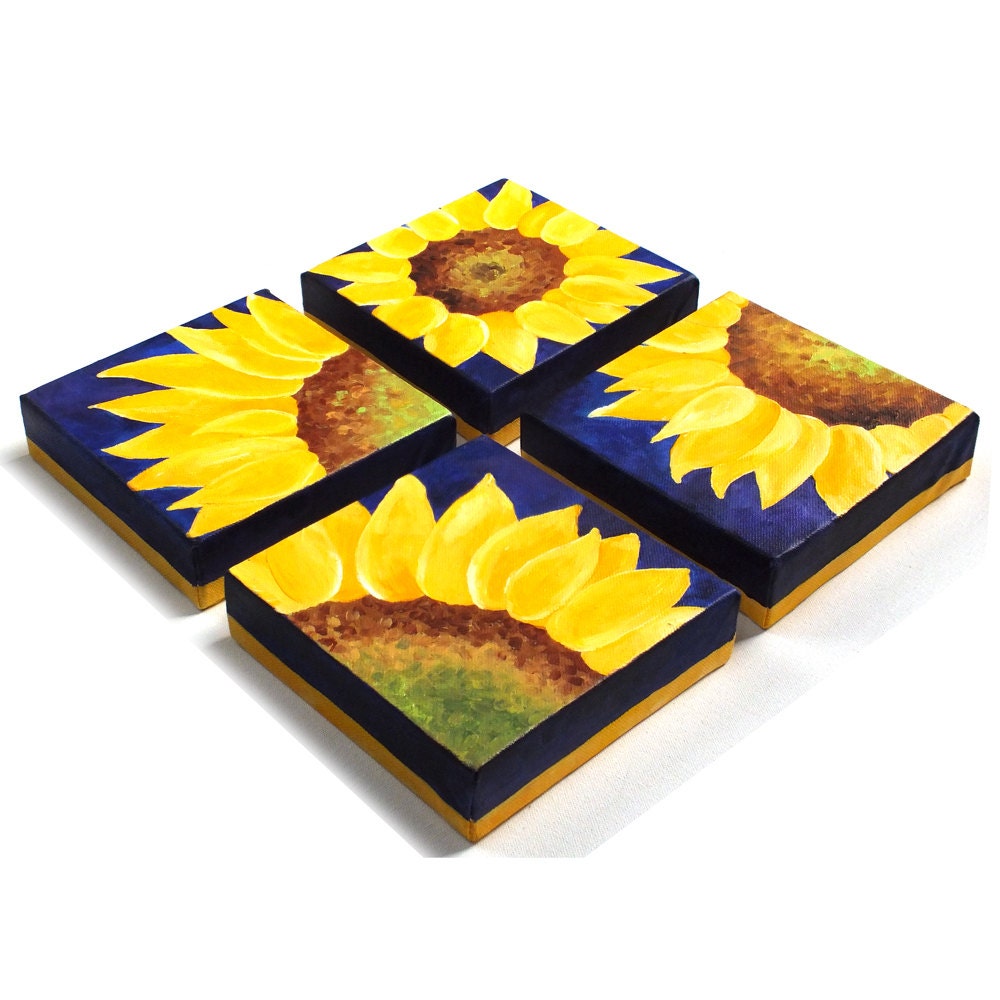 Home and Office Decor, 4 SUNFLOWERS on blue, Four 6x6 acrylic canvas paintings, abstract art