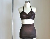 vintage 40s/50s 2 pc swimsuit / RUM RAISIN stretch satin bathing suit / XS
