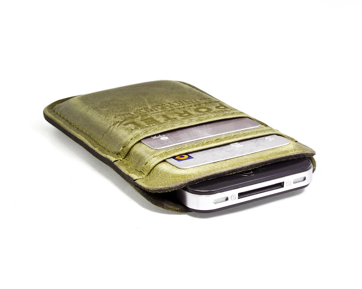 RETROMODERN aged leather iPhone 4 pocket - - OLIVE