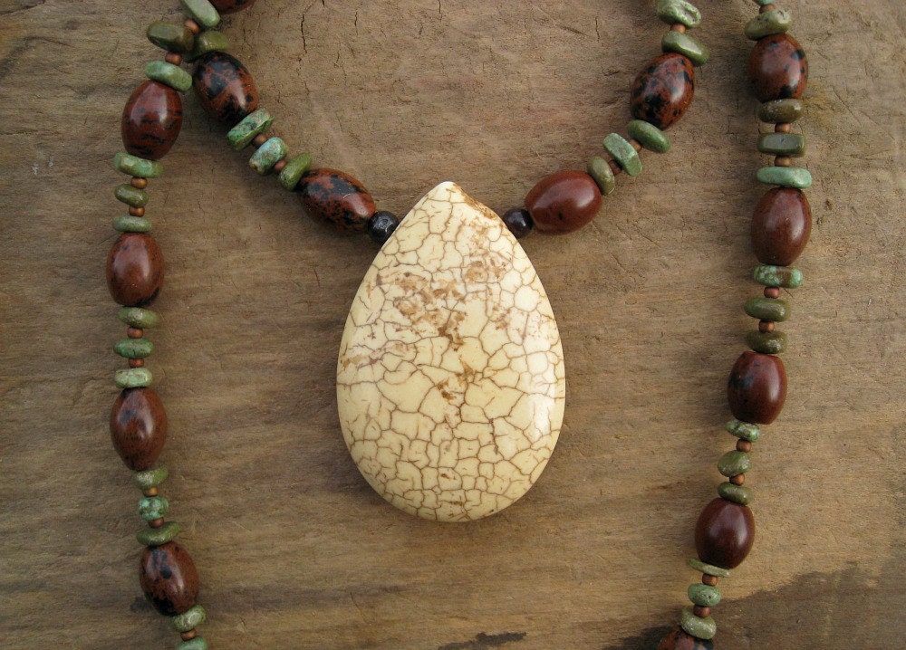 Chunky Southwestern Statement Necklace, bold white turquoise magnesite pendant with green turquoise and brown magogany obsidian