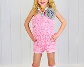 Pink and gray lace petti romper - Lace romper with Halter tie straps