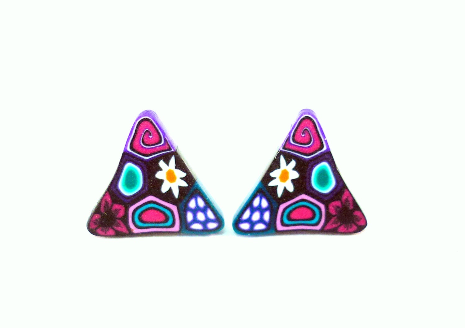 Triangle Daisy Stud Earrings Polymer Clay Studs Pink Turquoise Flower Flowers