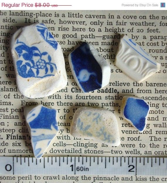 ON SALE Six Blue and White Sea Pottery Pieces Irish beach pottery