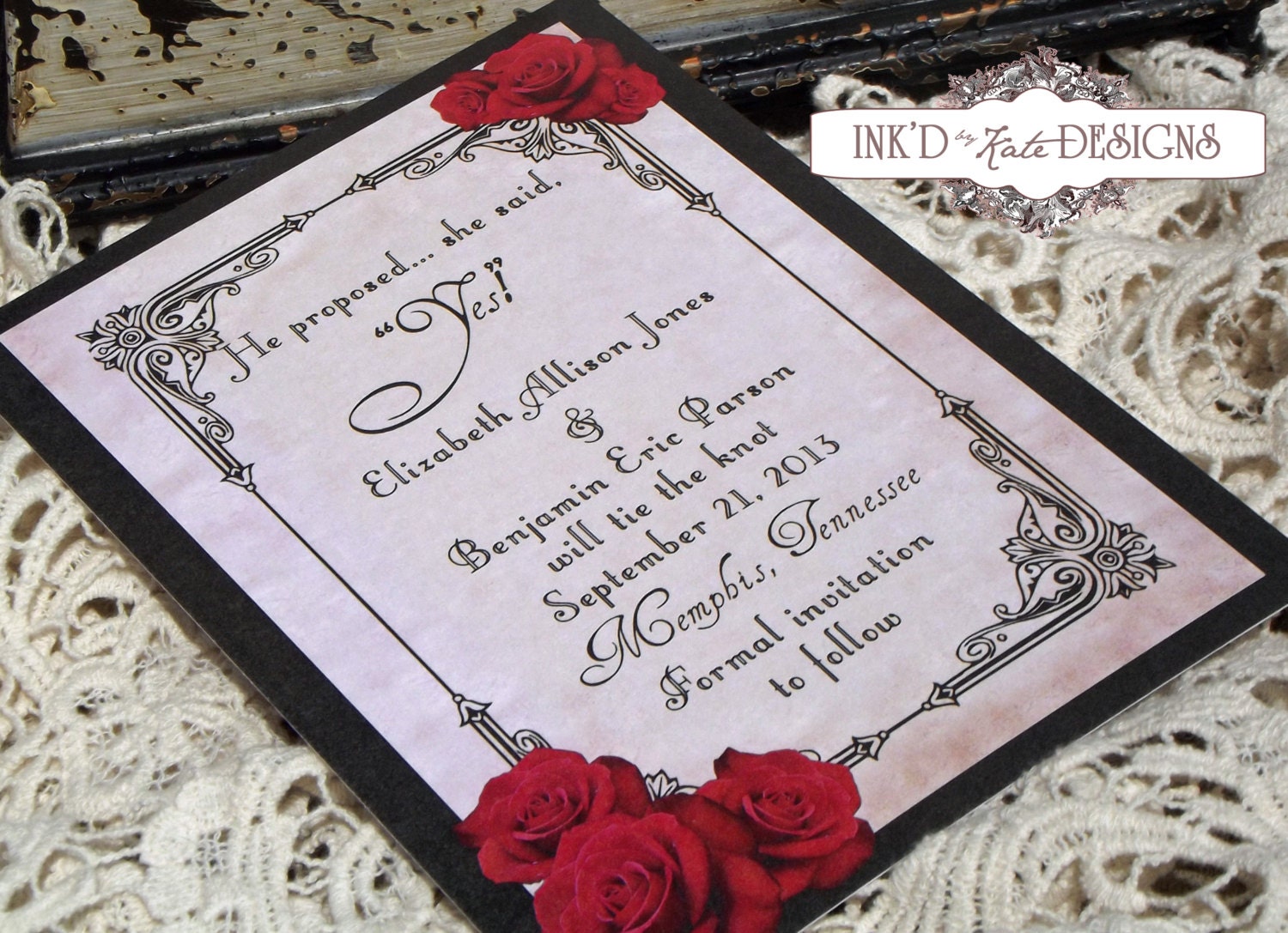 Vintage Black and Red Romantic Rose Wedding Invitation DEPOSIT