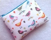 Zip Pouch Coin Purse Gadget Case Padded- Love BIRDS Hearts white w/pink blue orange-NEW