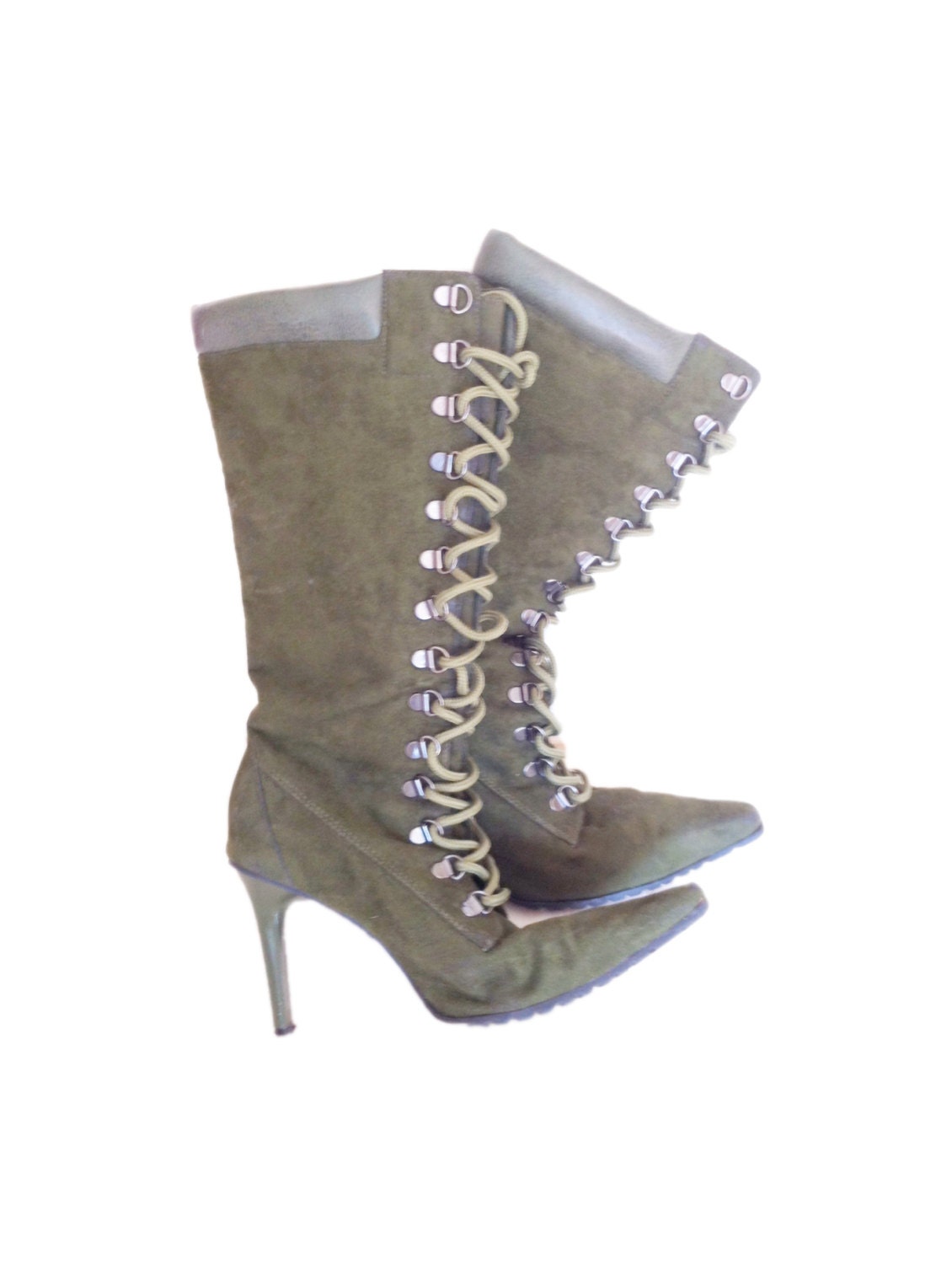 90s Grunge Military Combat Boots  - High Heel - Fall - Granny Lace Up - Green Faux Suede - Vegan Leather - Granny Lacy Up - Size 7.5