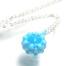 Blue Beaded Necklace on Silver Link Chain, Mountain Jade, Bead Woven Jewelry