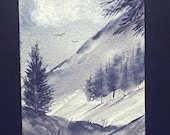 aceo original winter monochrome landscape POST FREE