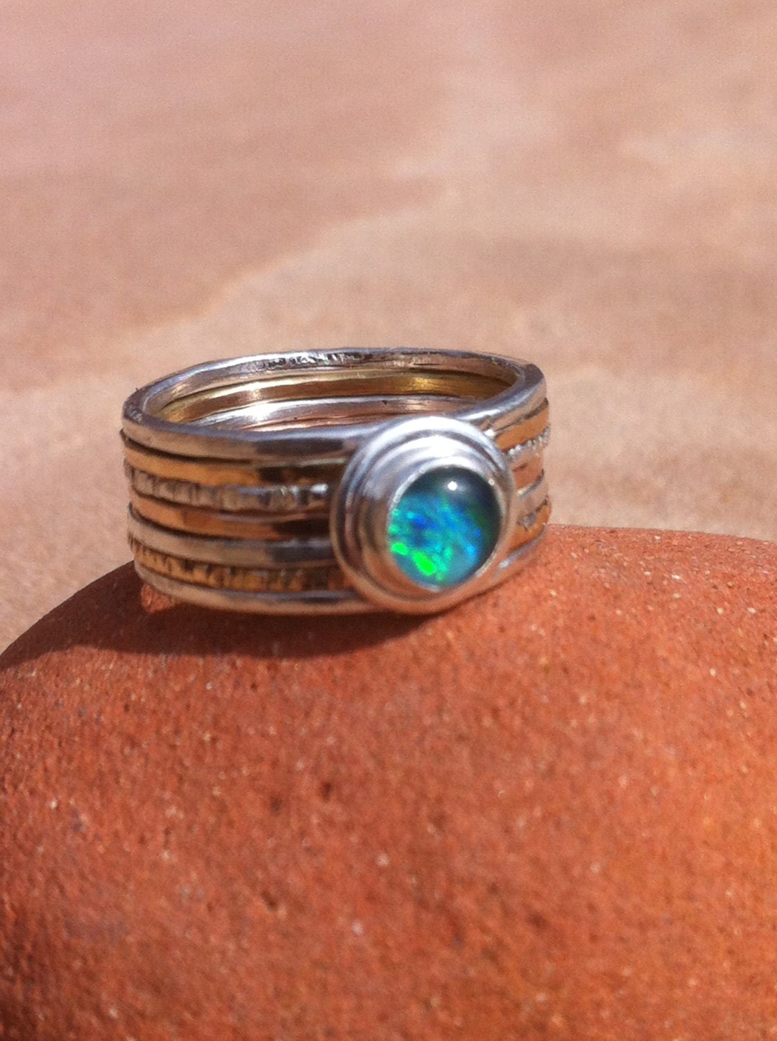 Gold Filled, Silver and Opal Triplet Hammered Stack Ring