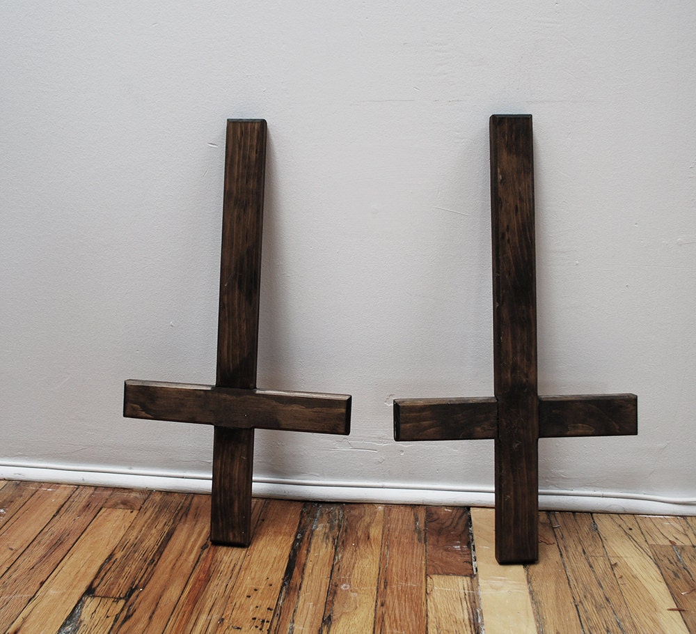 Pair of Large Handmade Rustic Wooden Inverted Crosses Wall Art