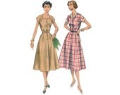 Vintage 1950s Shirtwaist Button Down Dress with Pockets and Unique Neckline Plus Size Sewing Pattern by Simplicity 4260