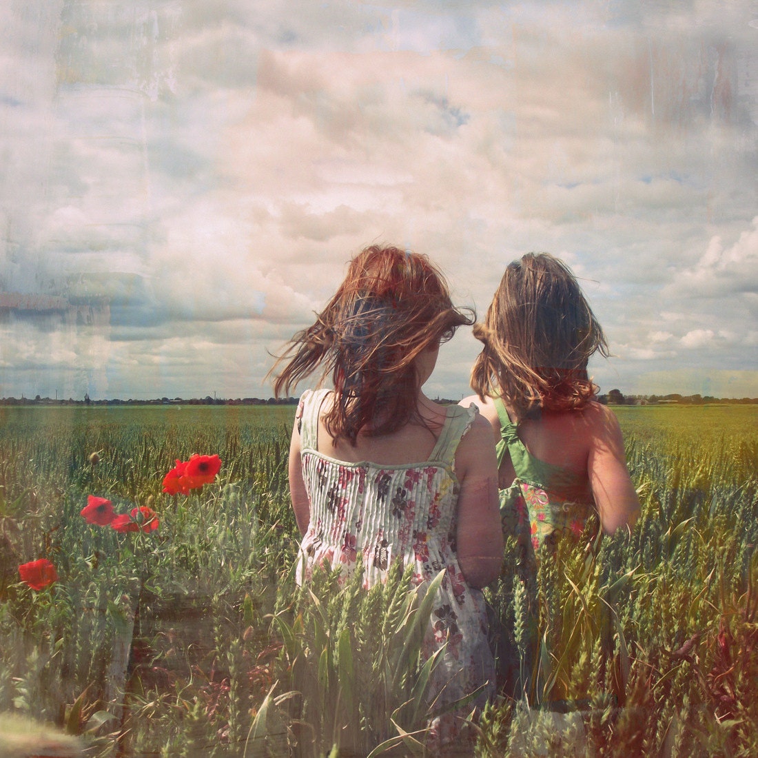 Summer Fields Photography Wheat Poppies Children Sisters Square 6x6 Print Summer Daze