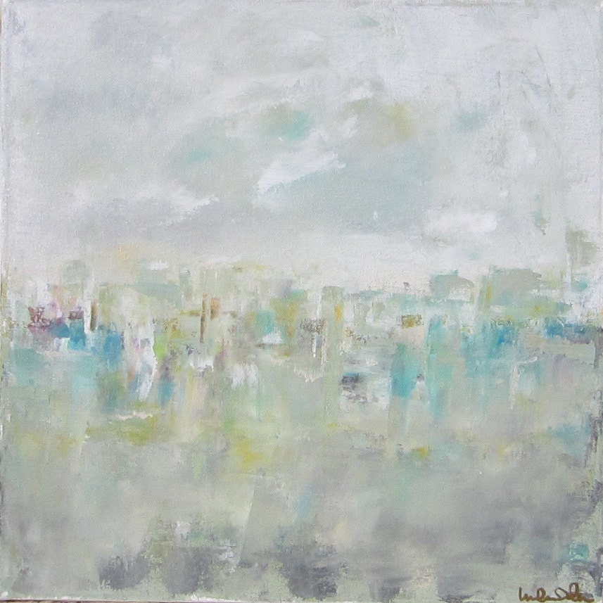 Aqua Cityscape Skyline Original Art -Light Aqua City 16 x 16