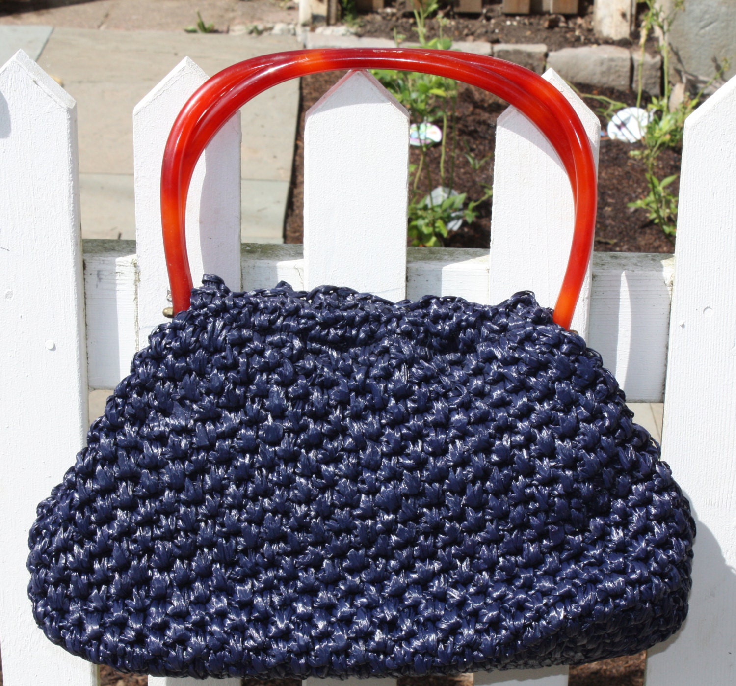 Vintage 1950's Morris Moskowitz Navy Crochet Straw Purse