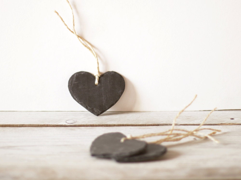 Four chalkboard labels on a string, Slate gift tags, Chalkboard hearts
