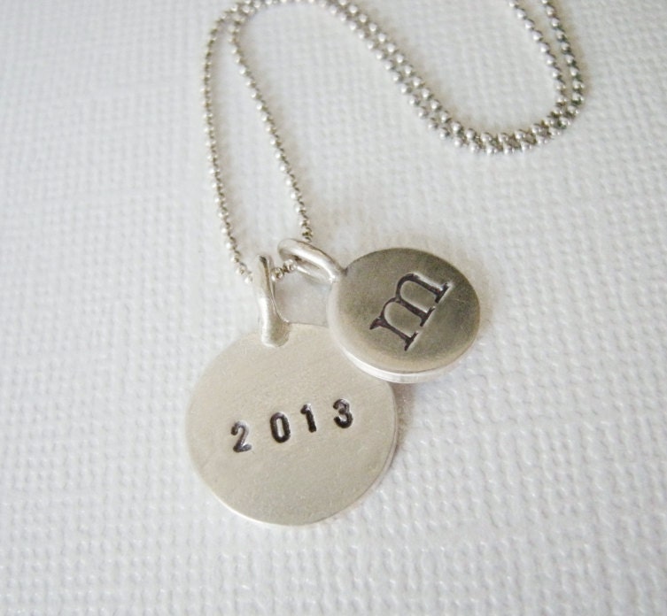 2013 Graduation Necklace Gift for Her - Personalized Initial and Date Tag - Custom Hand Stamped Typewriter Style in Sterling Silver