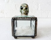 Beveled Glass Jewelry Box with Spotted Ocean Jasper Crystal Carved Skull