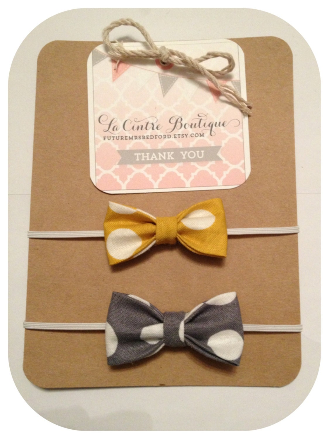 Itty Bitty Bow Headband- Easter- Newborn-Baby Hair Bows, Photo Prop, Gray, polka dot, Mustard