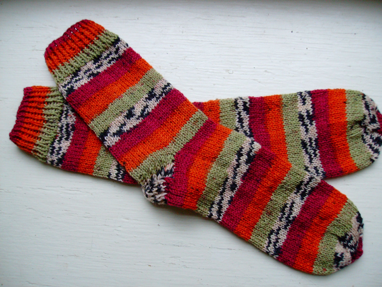Hand Knit Soft And Warm  Women's Striped Superwash Wool  Socks, Size 8 - 8.5 (9.75 inches length)