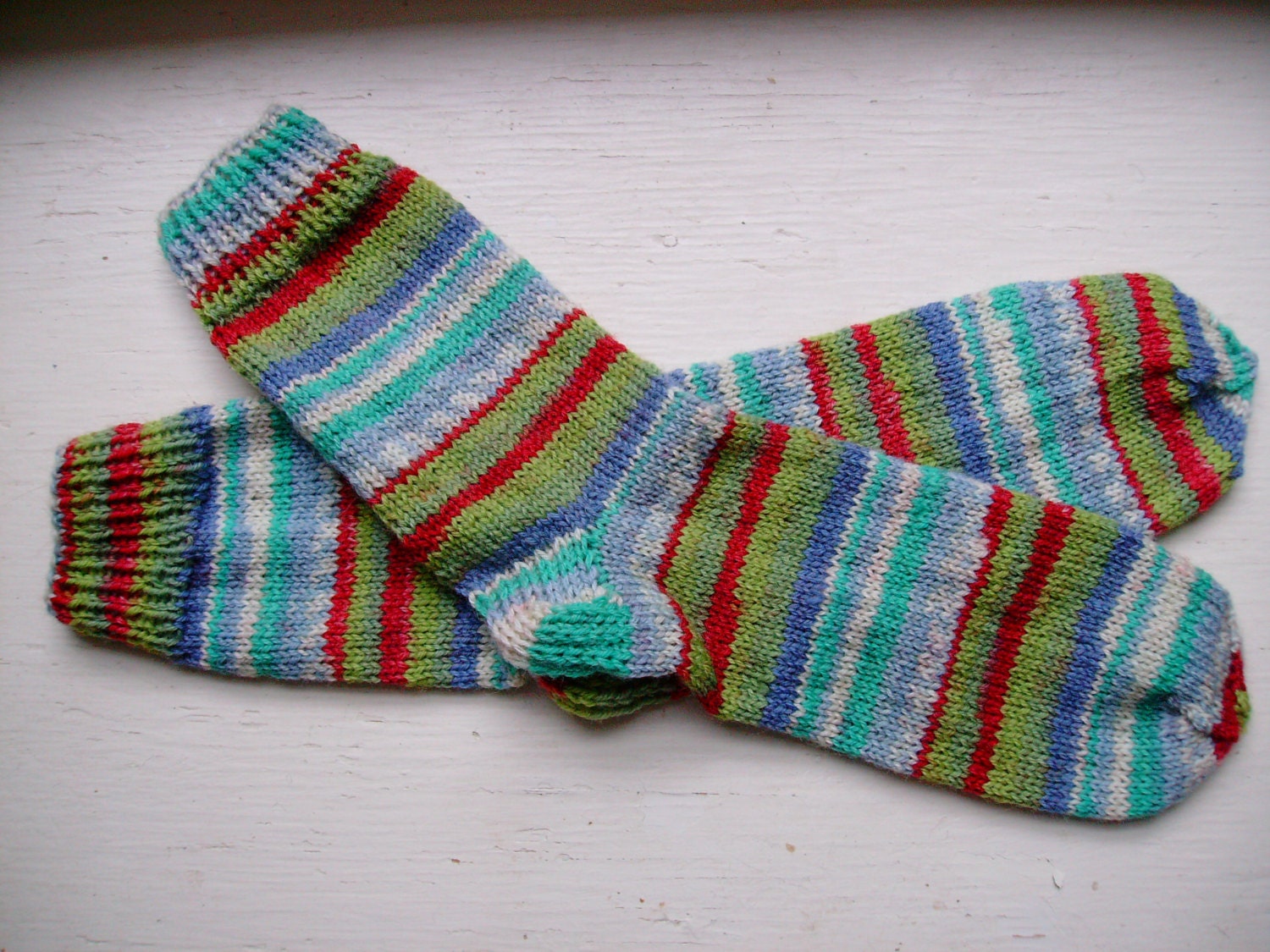 Hand Knit Soft And Warm  Women's Striped Superwash Wool  Socks, Size 10 - 10.5 (10.25 inches length)