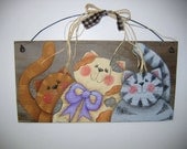 Folk Art, Three Kitties, Hand Painted on Barn Wood, Rustic, Primitive, Tole Painted