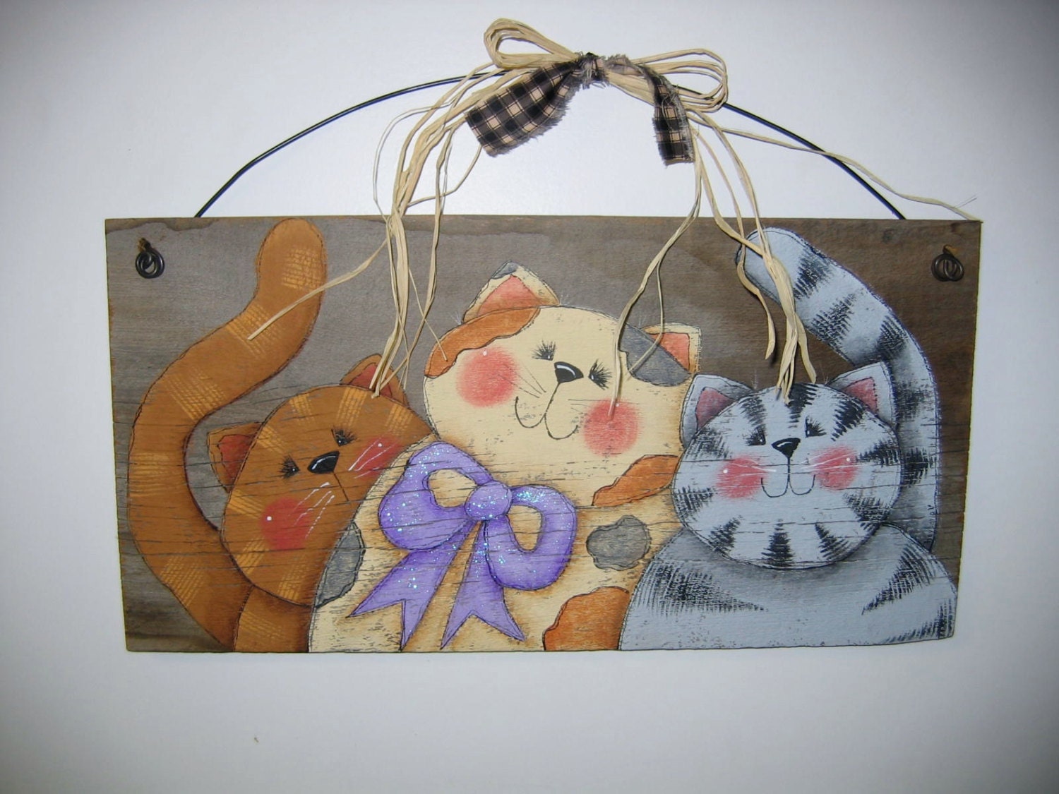 Folk Art, Three Kitties, Hand Painted on Barn Wood, Rustic, Primitive, Tole Painted