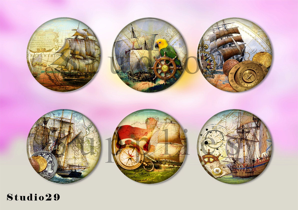 Nautical Ships 1 Epoxy Resin Cabochon Handmade 1 Inch - 12