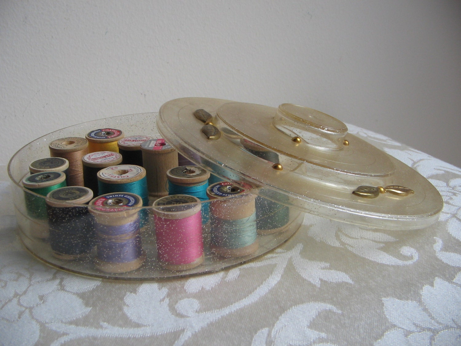 Vintage Tidy Thread Sewing Box, Round Plastic Clear Gold Sparkles, Wood Wooden Spools Organizer, Mid Century Notions