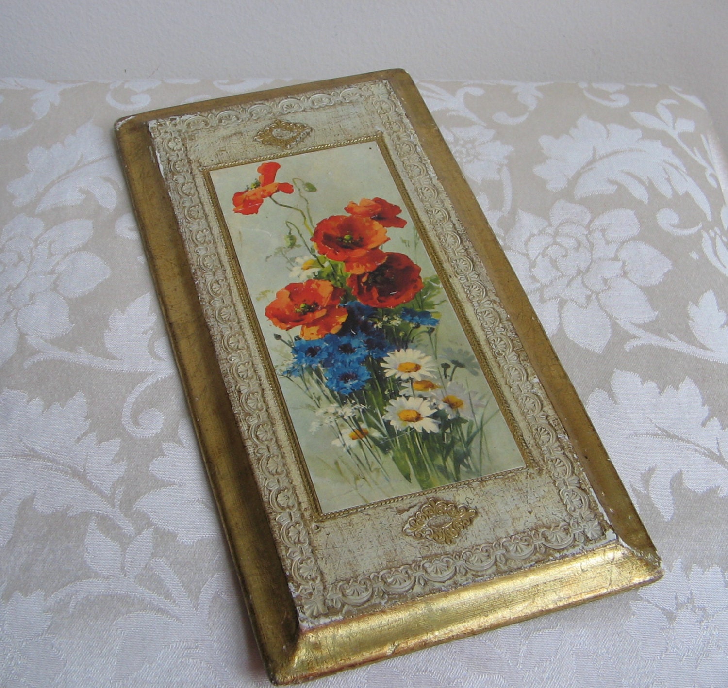 Vintage Florentine Floral Wall Art Print Embossed Gilded Wood, Orange Poppies Blue Flowers White Daisies, Chippy  Paint