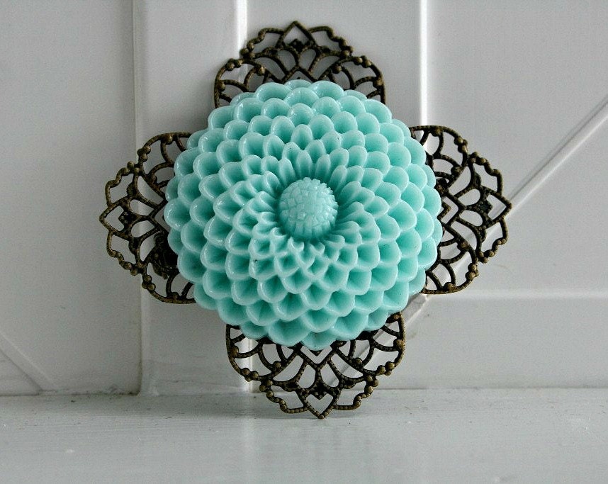 Large Turquoise Flower Brooch Vintage Inspired Antique Look Holiday Gift Elegant...