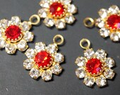 2 - Siam Red and Crystal Clear Swarovski13mm  Flower Pendant Charm - Brass Gold Settings - One Loop