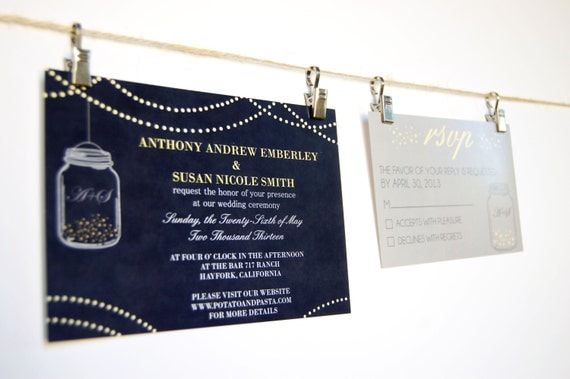 Mason Jar Fireflies Rustic Wedding Invitation Suite