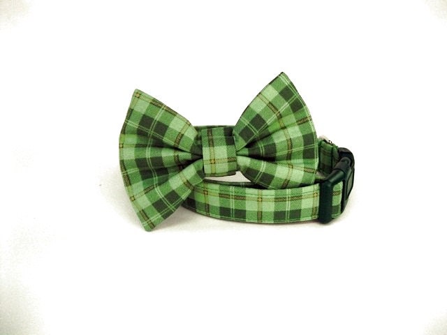 Green Plaid Bow Tie Dog Collar - Irish Plaid