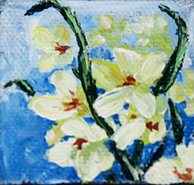 Miniature 2x2 inch Flower Painting, White Flowers, Acrylic Art, Small Format Art, Doll House Art