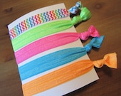 Set of Five (5) Soft Elastic Ponytail Holders Hairties Orange Green Pink Turquoise Chevron