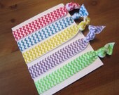 Set of Five (5) Soft Elastic Ponytail Holders Hairties Chevron Prints in Turquoise, Yellow, Lime Green, Purple and Bright Pink