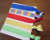 Set of Five (5) Soft Elastic Ponytail Holders Hairties Rainbow Chevron, Lime Green Chevron, Yellow Chevron, Solid Red and Solid Blue