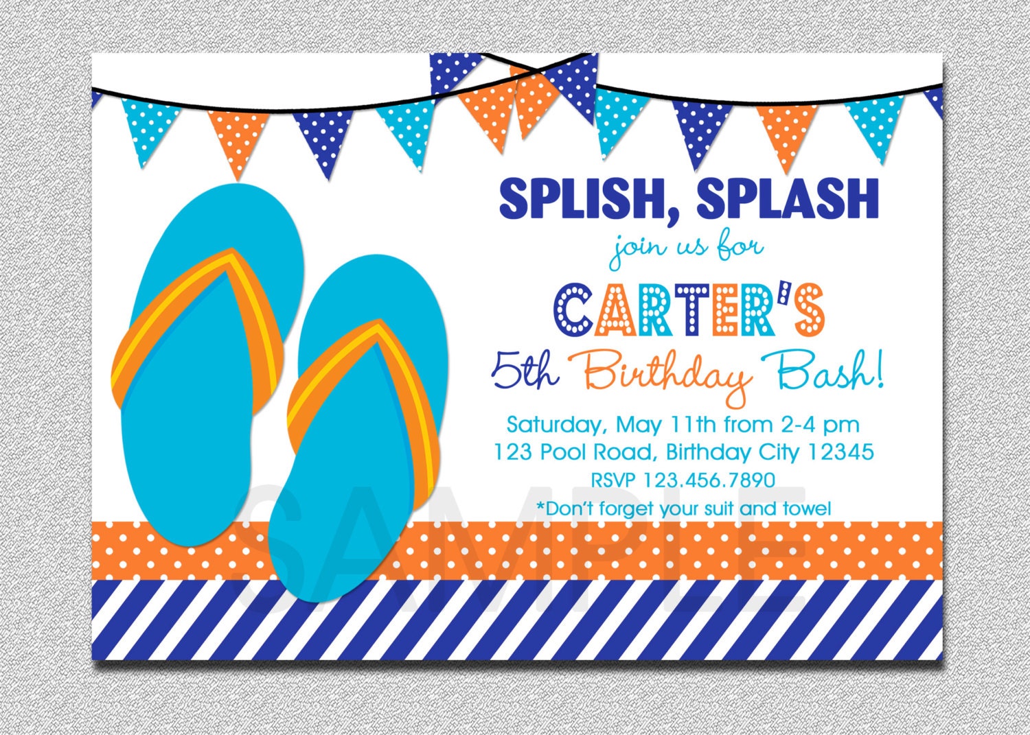 Boys Pool Party Invitation Boys Flip Flops Pool Party Invitation Boys or Girls Il_170x135