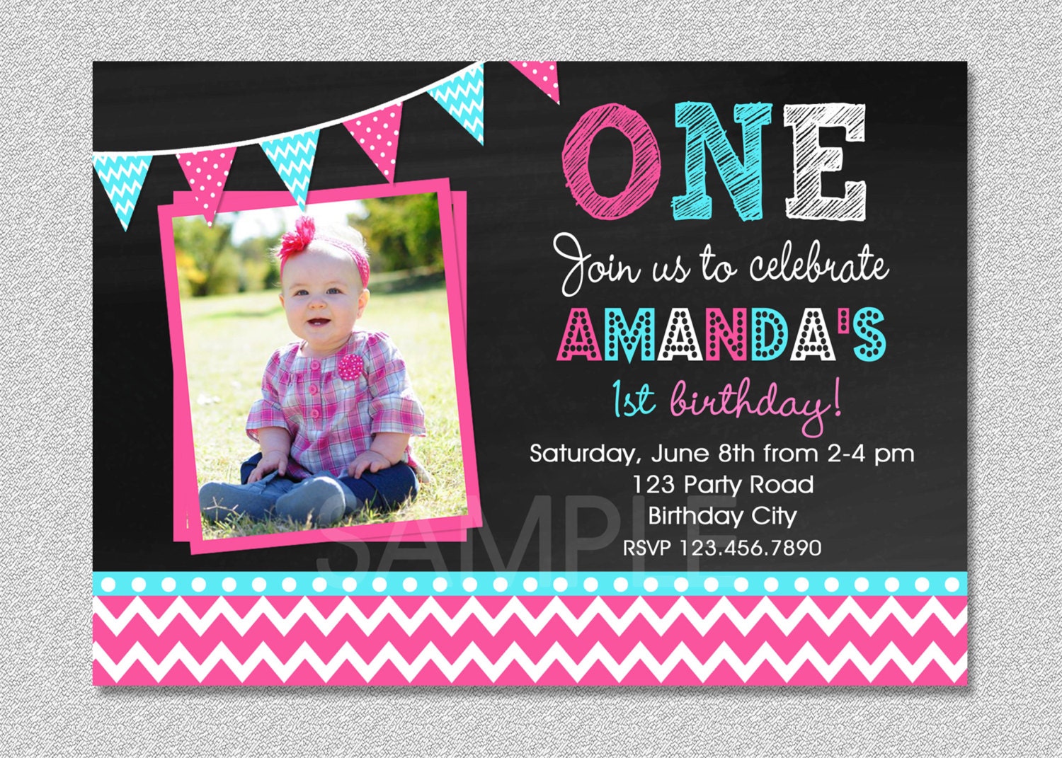 Girls 1st Birthday Invitation , Chevron Chalkboard 1st Birthday Party Invitation Il_170x135