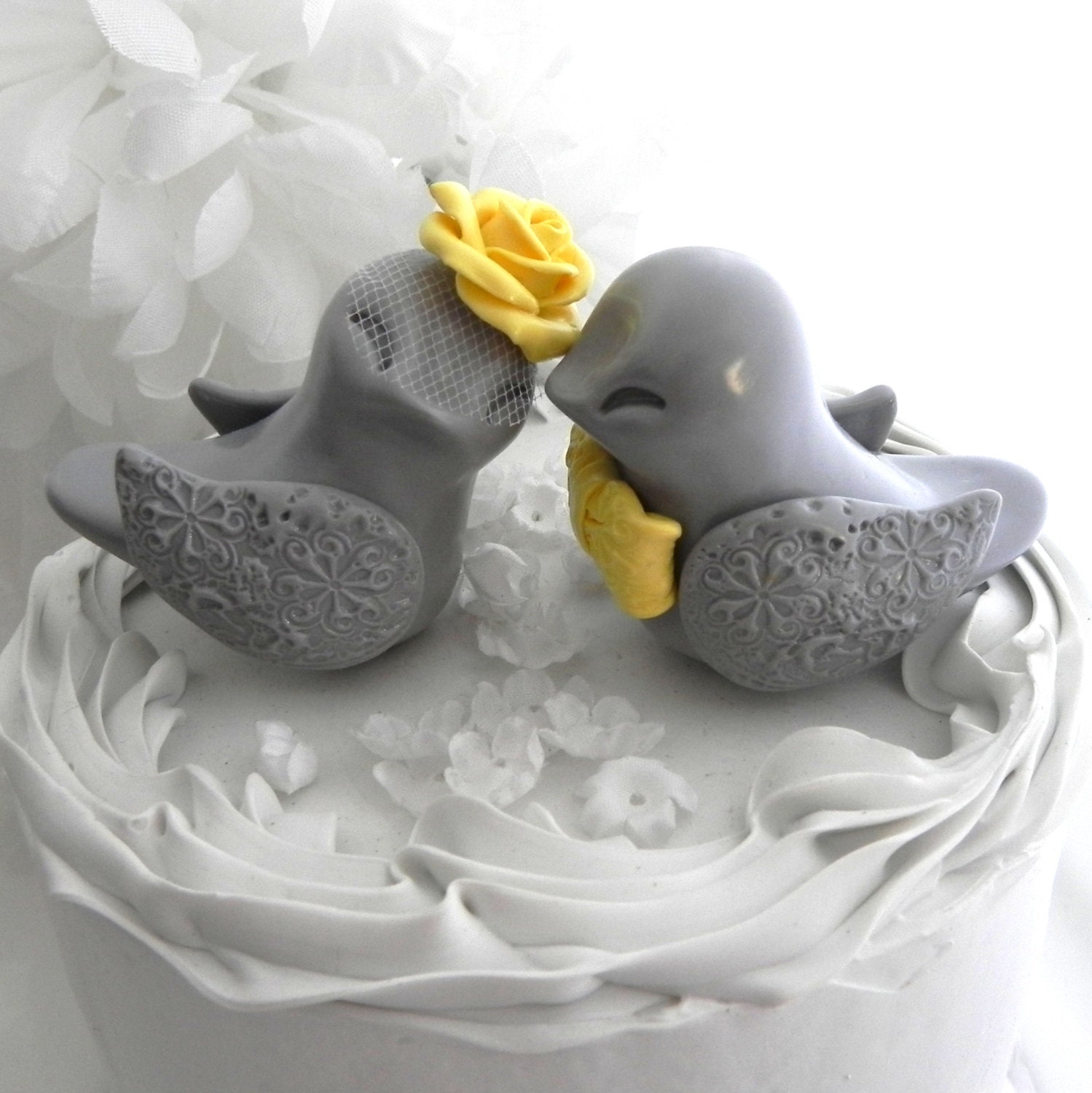 Love Birds Wedding Cake Topper, Grey and Buttercup Yellow, Bride and Groom Keepsake, Fully Customizable