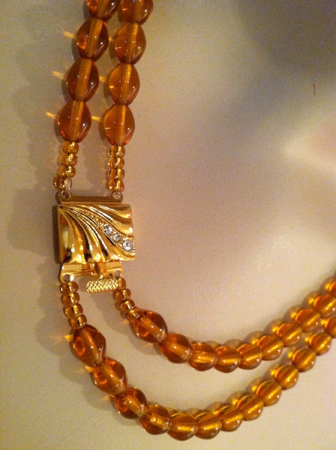 CZECH Translucent Yellow Amber Brown Oval GLASS Crystal 2 Strands Beads Necklace Vintage Jewelry artedellamoda SALE was 55