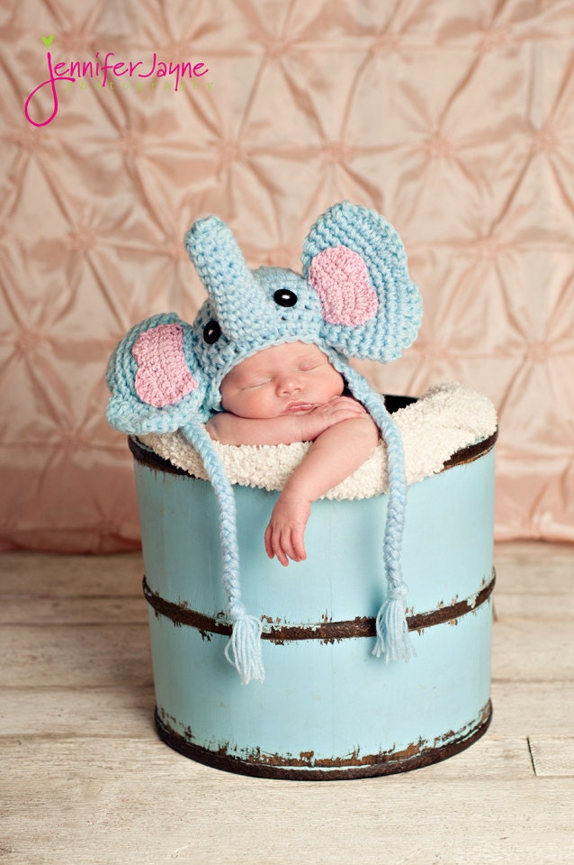 Instant Download PDF crochet pattern elephant hat  with earflap-  sizes 0-3 month only-etsy