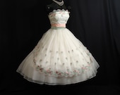 Vintage 1950's 50s STRAPLESS Emma Domb White Pink Pastel Embroidered CHIFFON Organza Party Prom Wedding Dress Gown