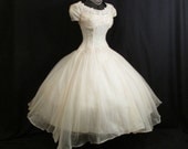 Vintage 1950's 50s Ivory SILK Organza Embroidered Applique Party Prom Wedding Dress Gown
